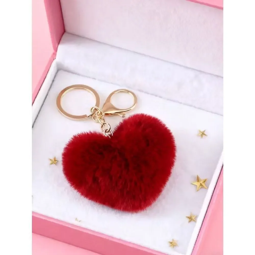 Plush Red Heart Keychain Fluffy Bag Charm Heart Shaped Purse Charm Golden Metal